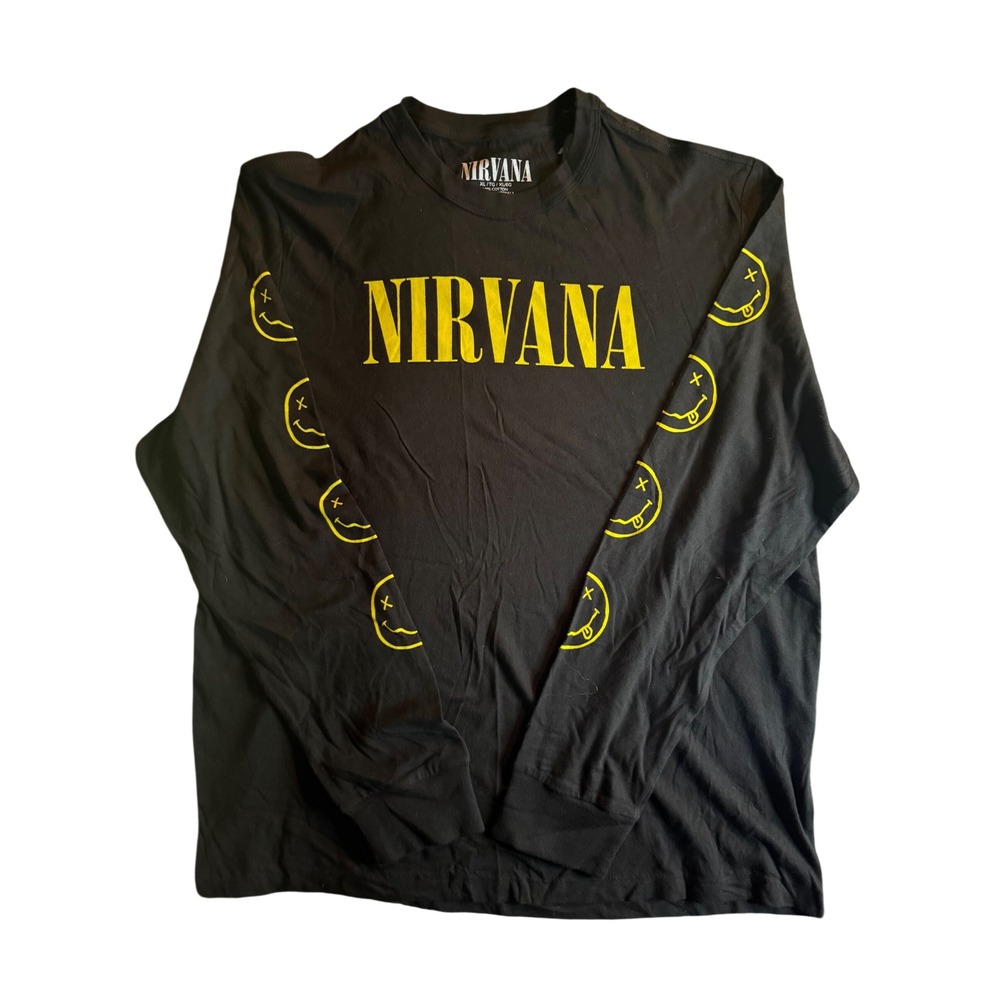 American Eagle Nirvana Graphic T-Shirt Mens XL Black Long Sleeve Smiley Logo